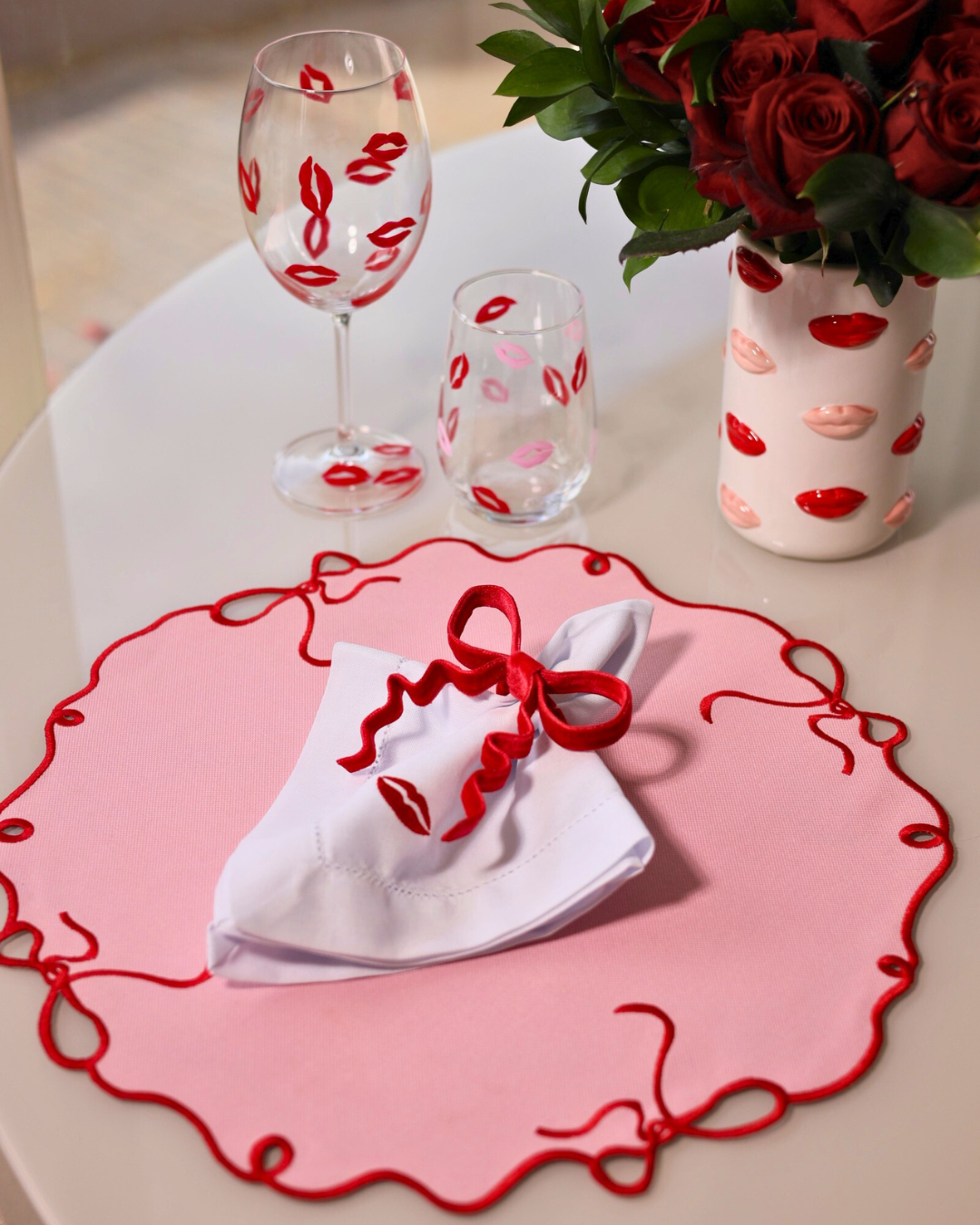 Dupla de Jogo Americano Laço Dupla Face Vermelho/ Rosa/ Azul