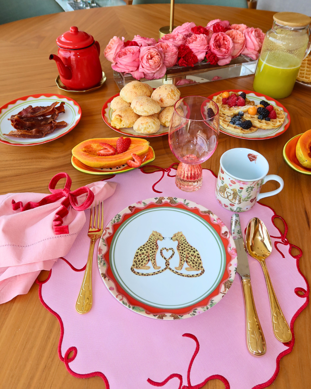 Dupla de Jogo Americano Laço Dupla Face Vermelho/ Rosa/ Azul