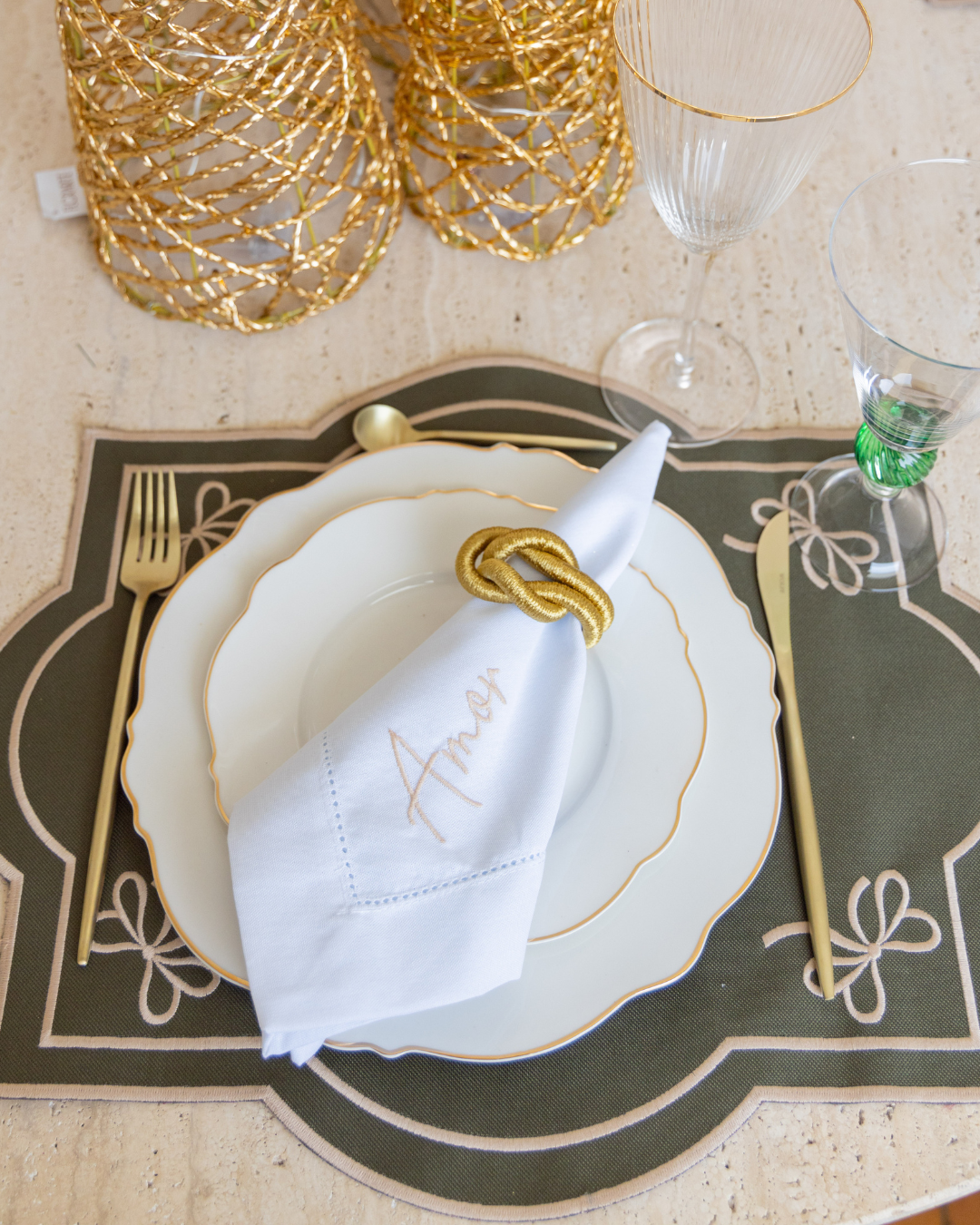 Conjunto 4 Peças Jogo Americano Impermeável Dupla Face Verde e Vinho Laço