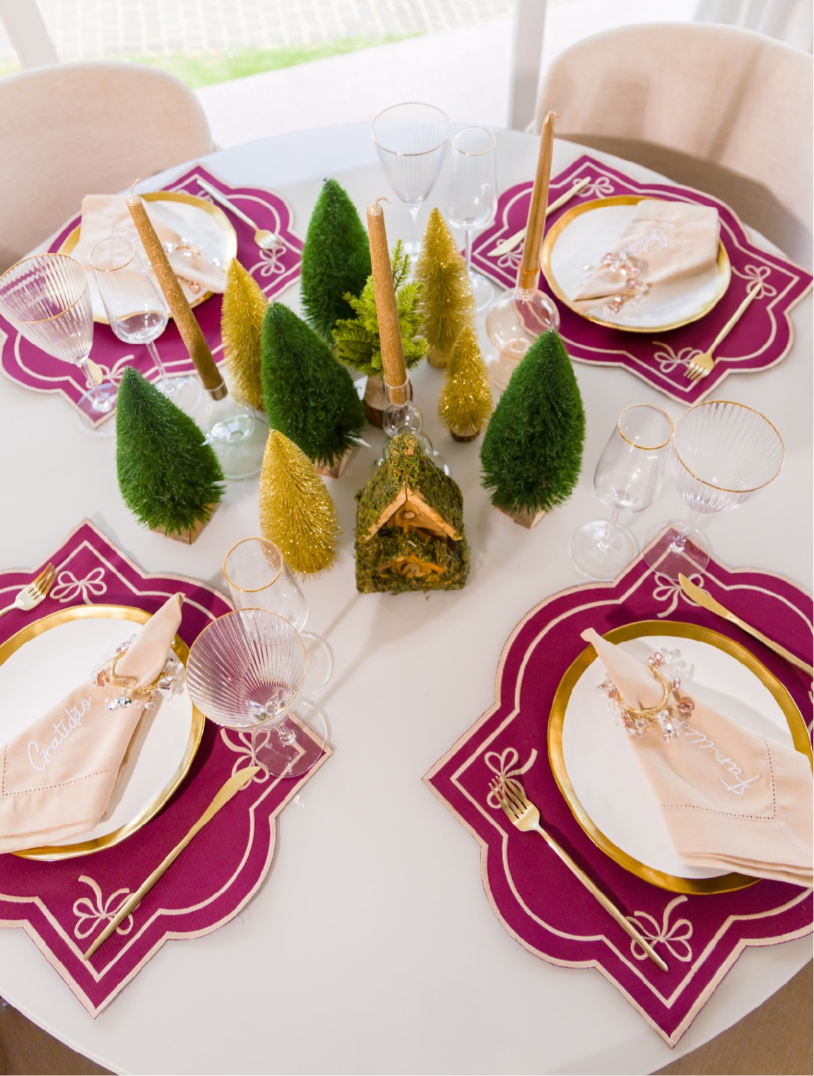 Conjunto 4 Peças Jogo Americano Impermeável Dupla Face Verde e Vinho Laço