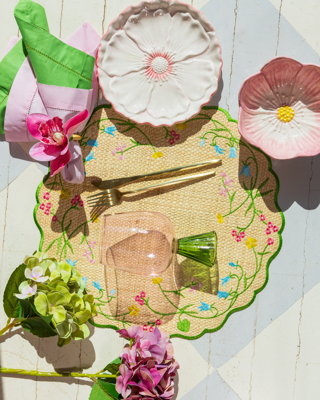 Conjunto 4 Peças Jogo Americano Palha Floral Green